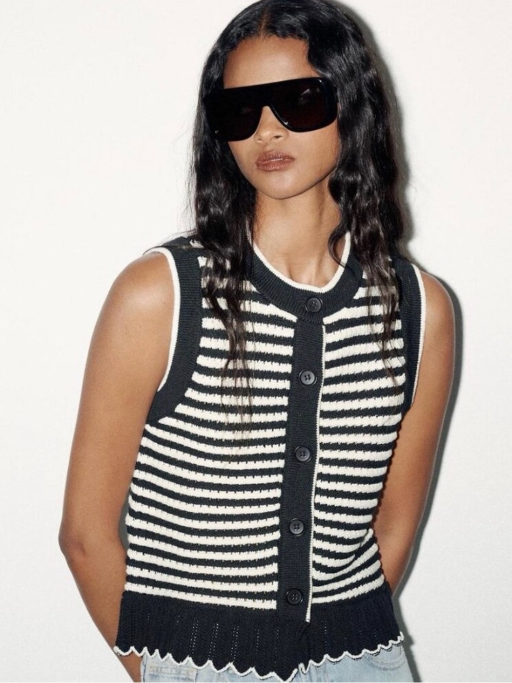 Zara Black and White Striped Button-Front Knit Vest Scallop NWOT